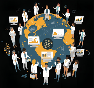 medical professionals around a globe and charts